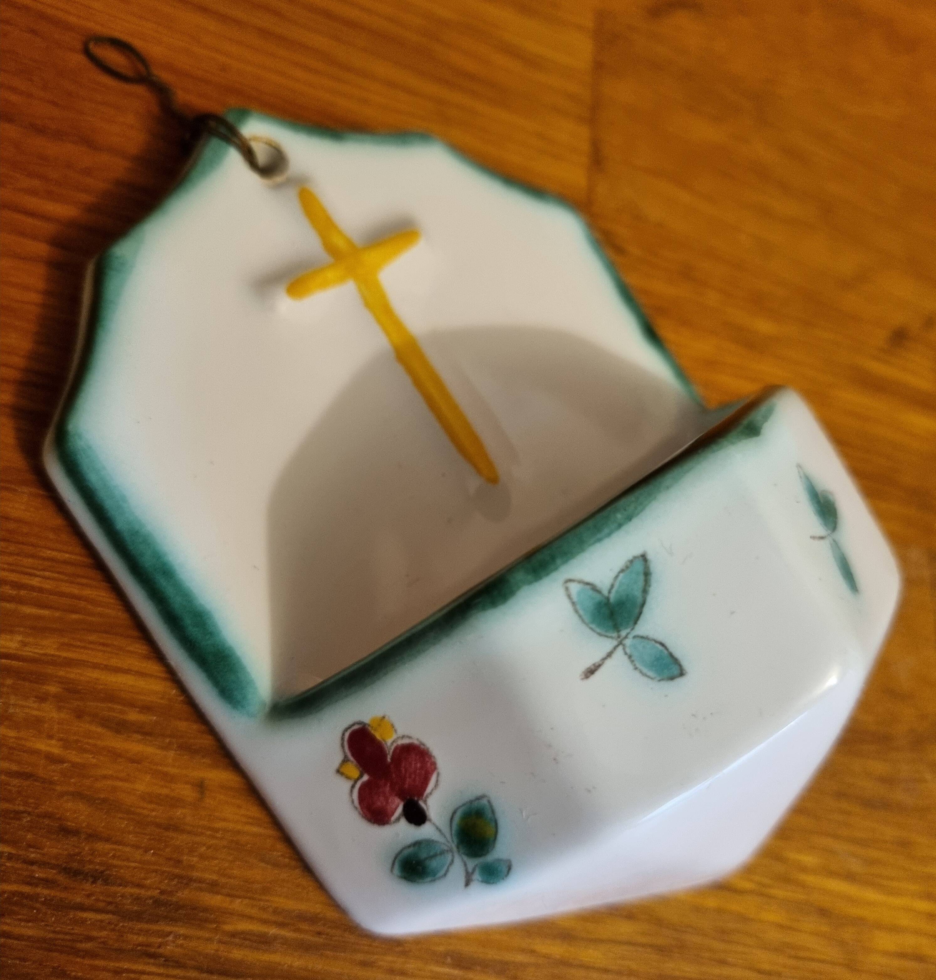 Small antique porcelain holy water font with cross