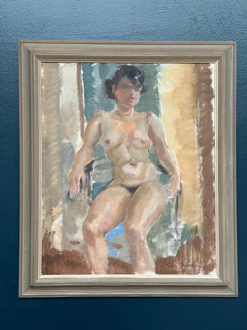 Huile sur toile originale – “Dame assise” par Sven Strömberg – Signée – Vintage et encadrée