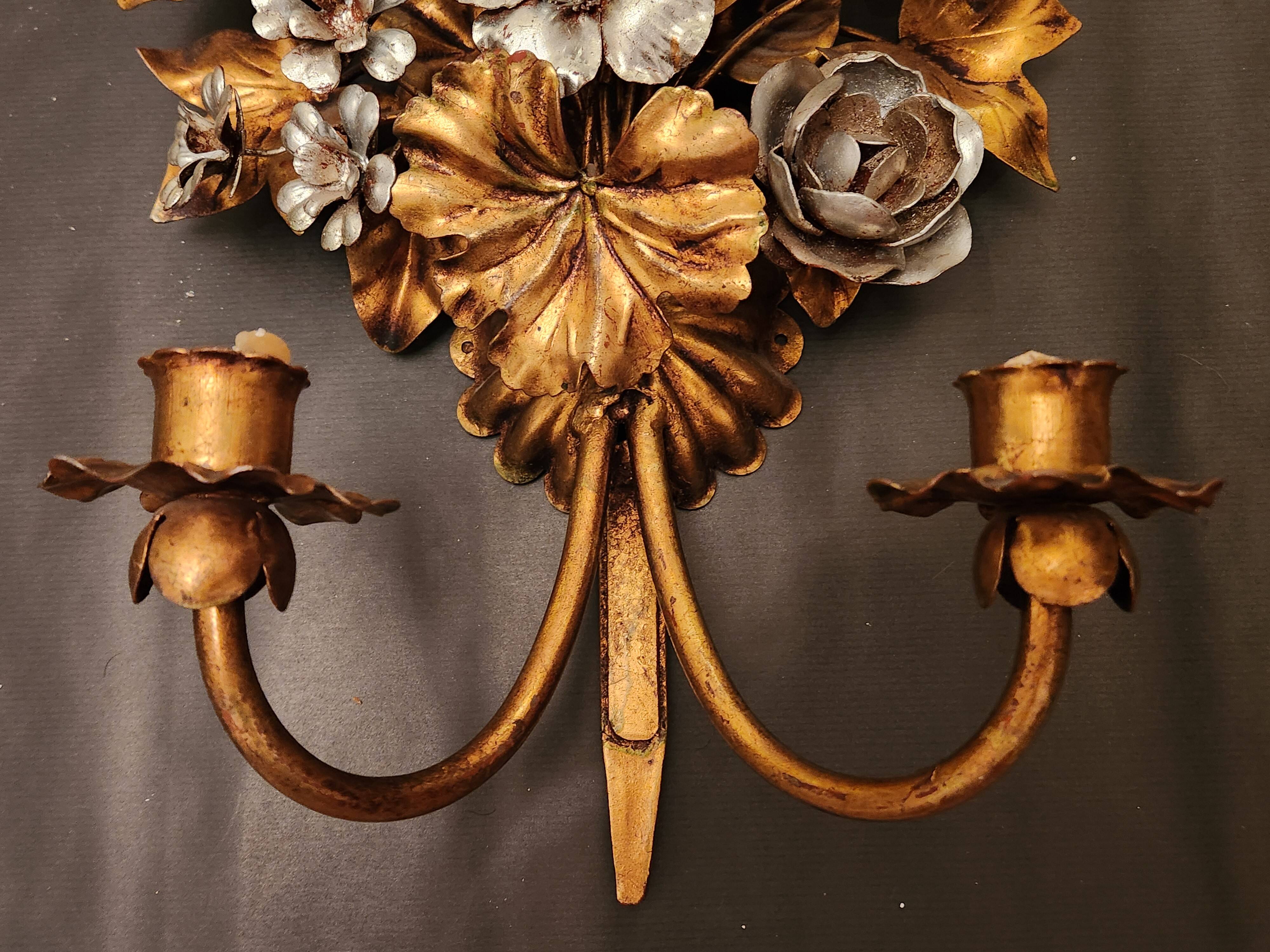 Hand-forged gilded silver-plated candle wall lamps by S. Salvadori