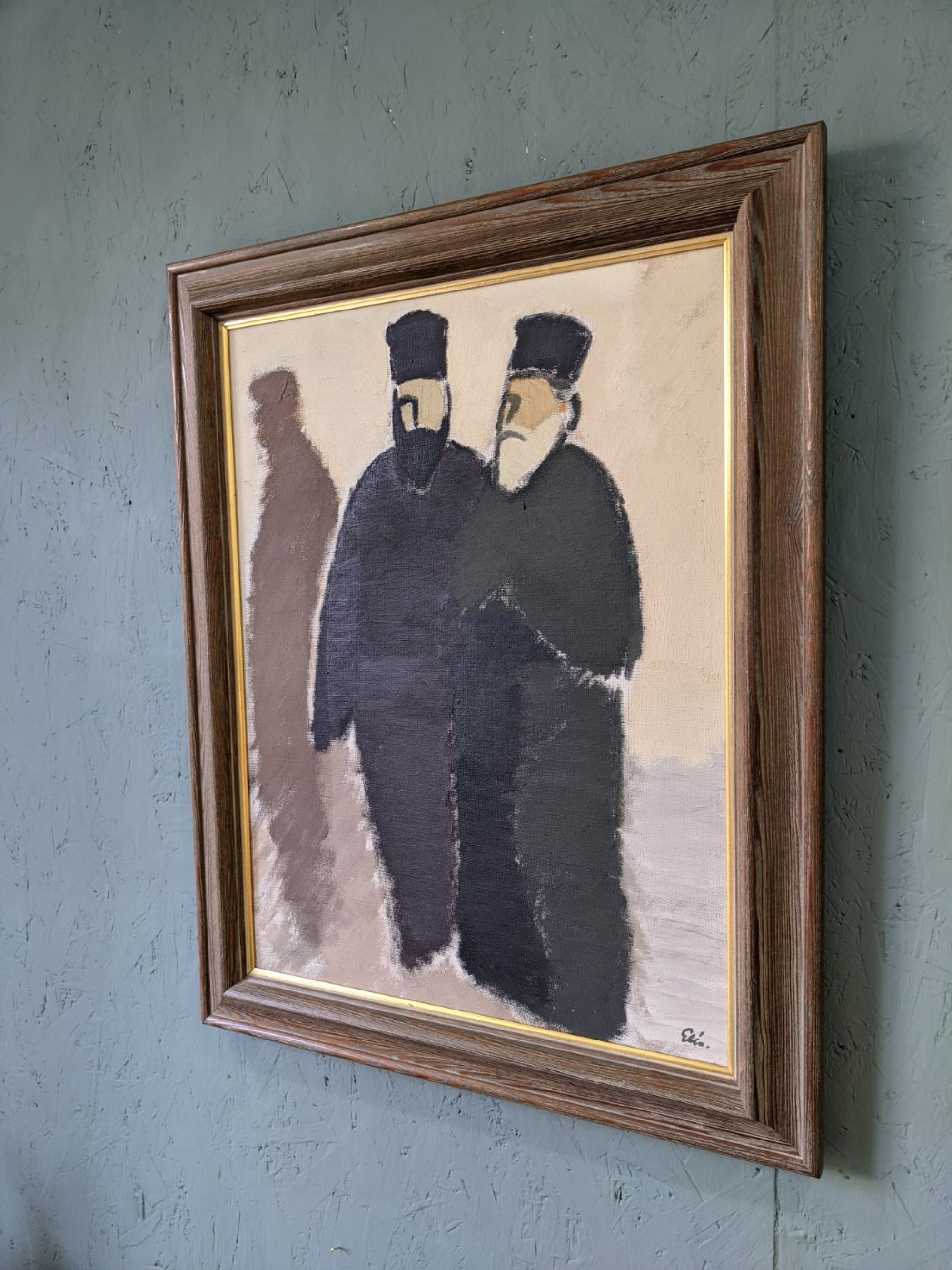 Mid-Century Modern Swedish "The Priests" Vintage Figurative Oil Painting, Framed
