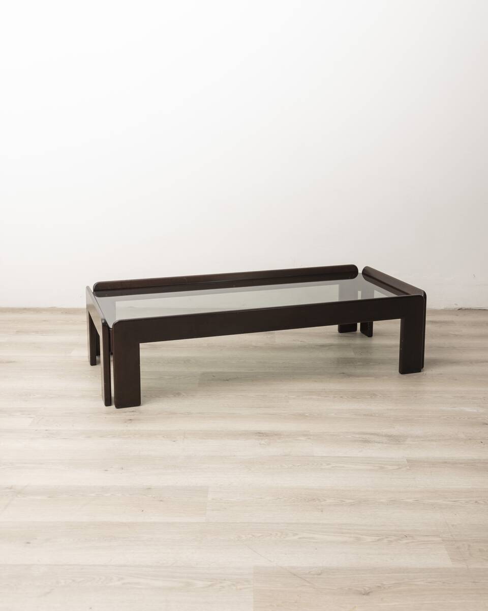Table vintage années 70 en bois et verre design afra et tobia scarpa