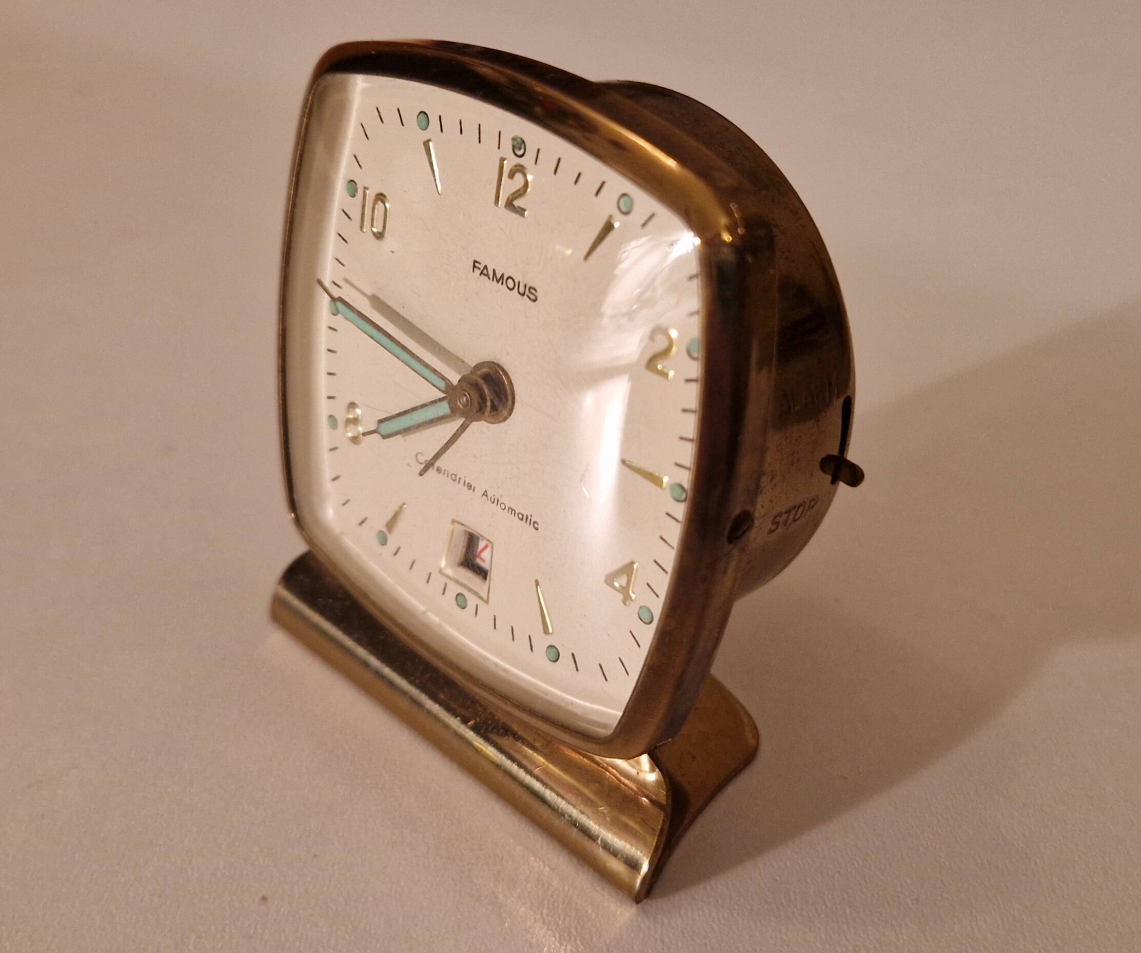 "Famous" alarm clock, automatic calendar model, vintage circa 1950, perfect condition