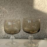 11 wine and water glasses in smoked grey glass and transparent base vintage 1970