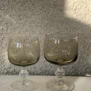 11 wine and water glasses in smoked grey glass and transparent base vintage 1970