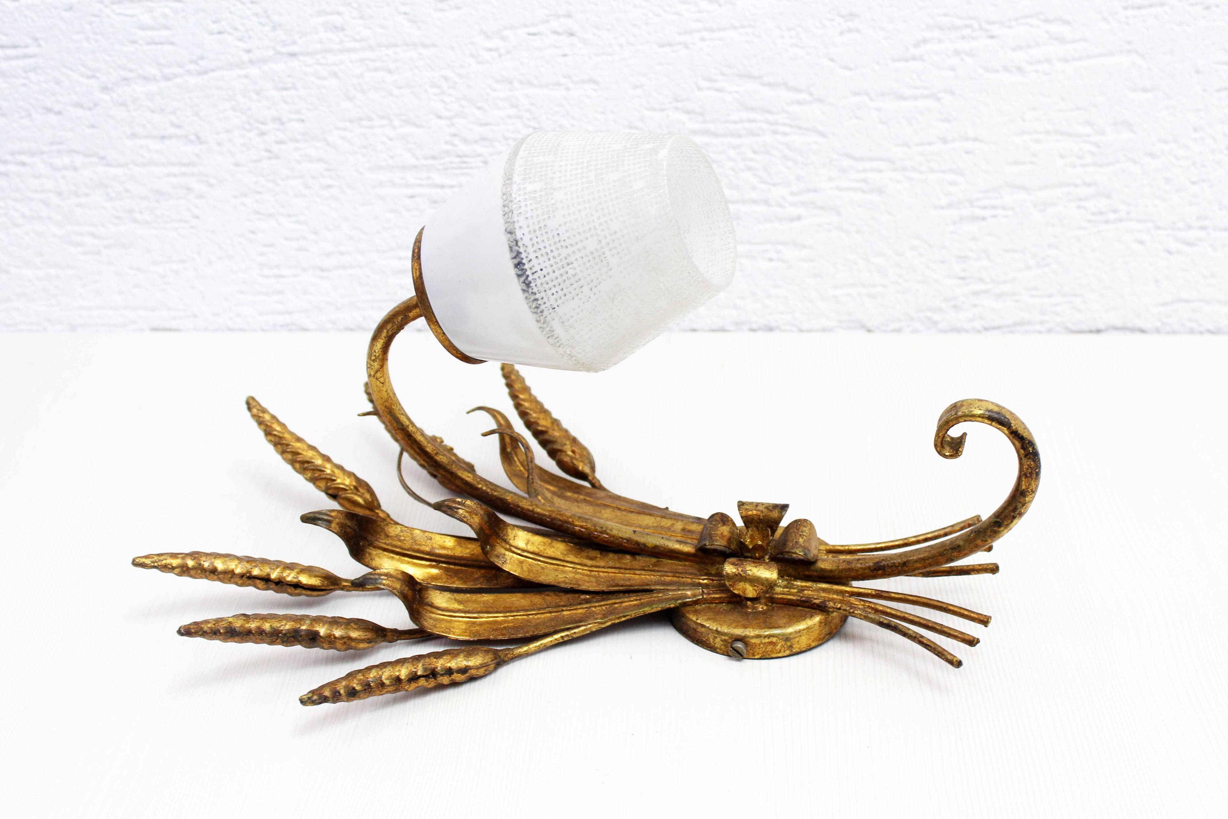 Gold leaf gilded metal wheat sheaf wall light 1950