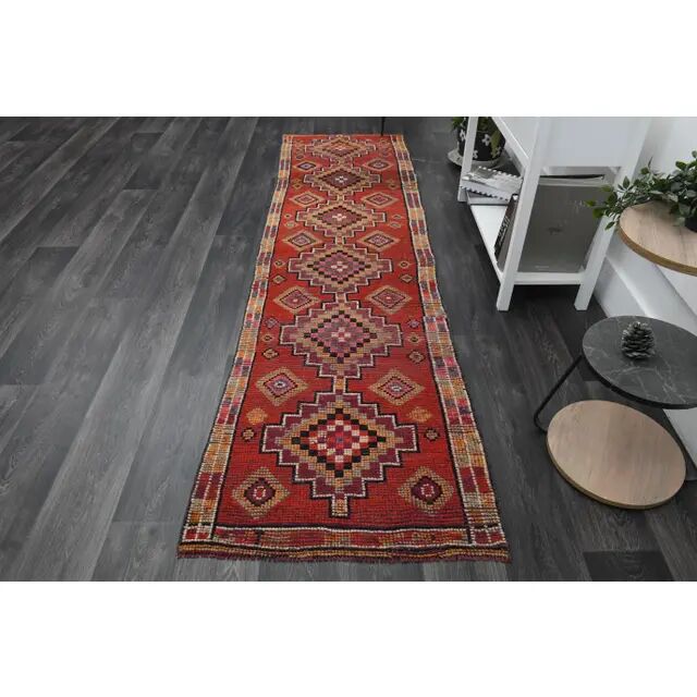 1970s Vintage Turkish Oushak Handmade Wool Cotton Orange Runner Rug 81x293