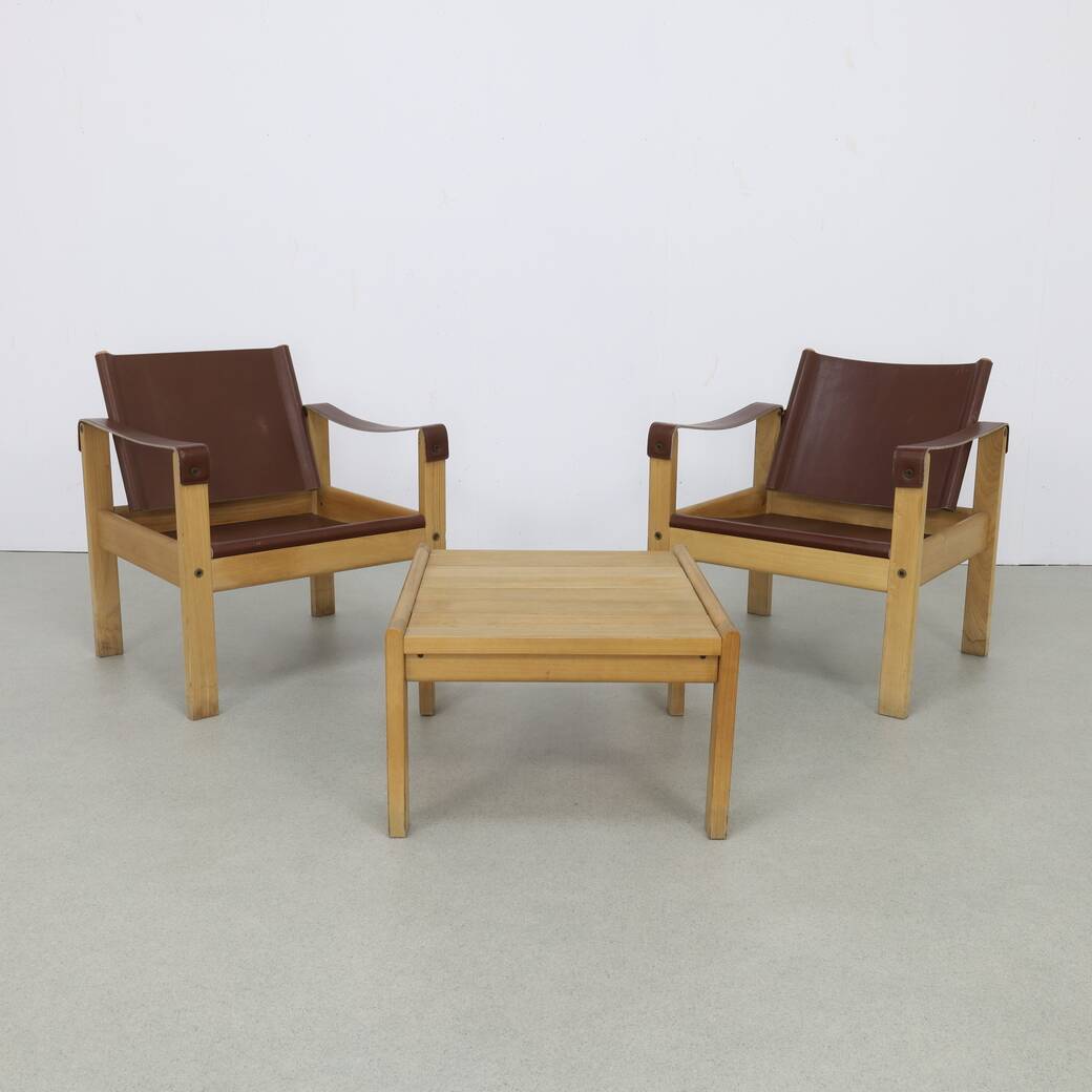 Safari Easy Chairs in Leather + Coffee Table by Carl Heinz Bergmiller, 1970