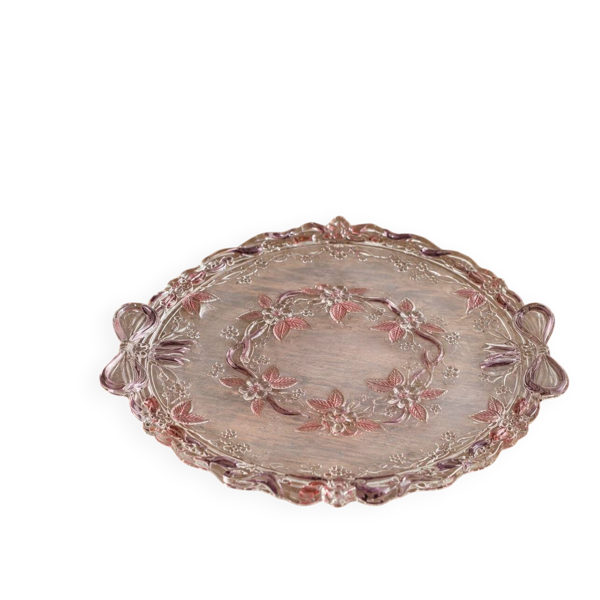 Grand plateau vintage Walther-Glas Romantique – verre rose et mauve – Allemagne de l’Ouest