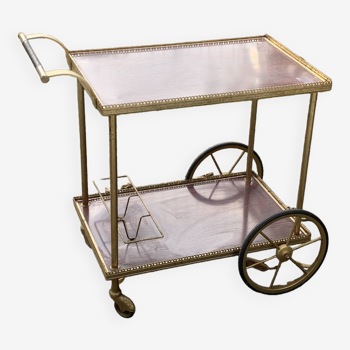 Table roulante, chariot a grandes roues, desserte en laiton dore et formica, a roues, vintage