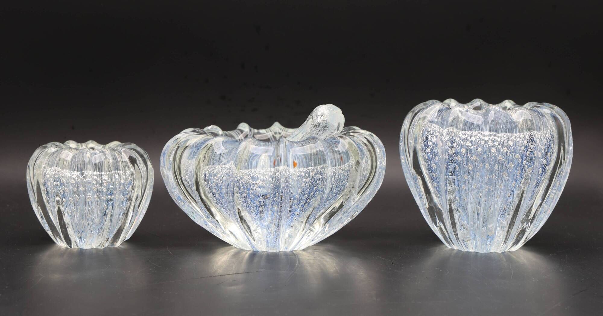 Set of 3 Blue Ercole Barovier "Bullicante" Murano Glass Vase for Barovier &