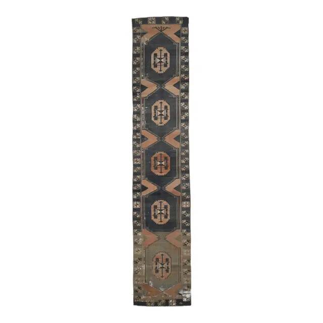 1970s Turkish Oushak Handmade Wool Cotton Green Runner Rug 112x574