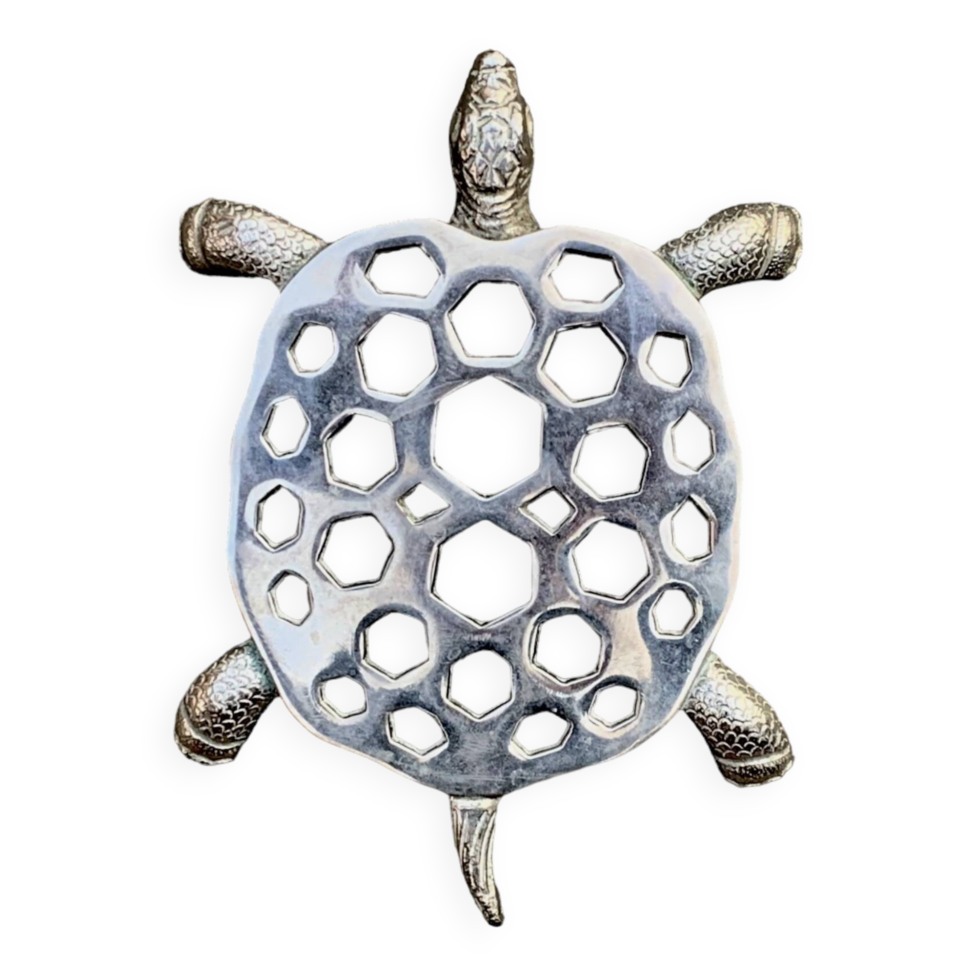 Vintage silver metal turtle trivet