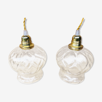 Duo de lampe baladeuse en verre  légèrement ambré/doré en forme de fleur.