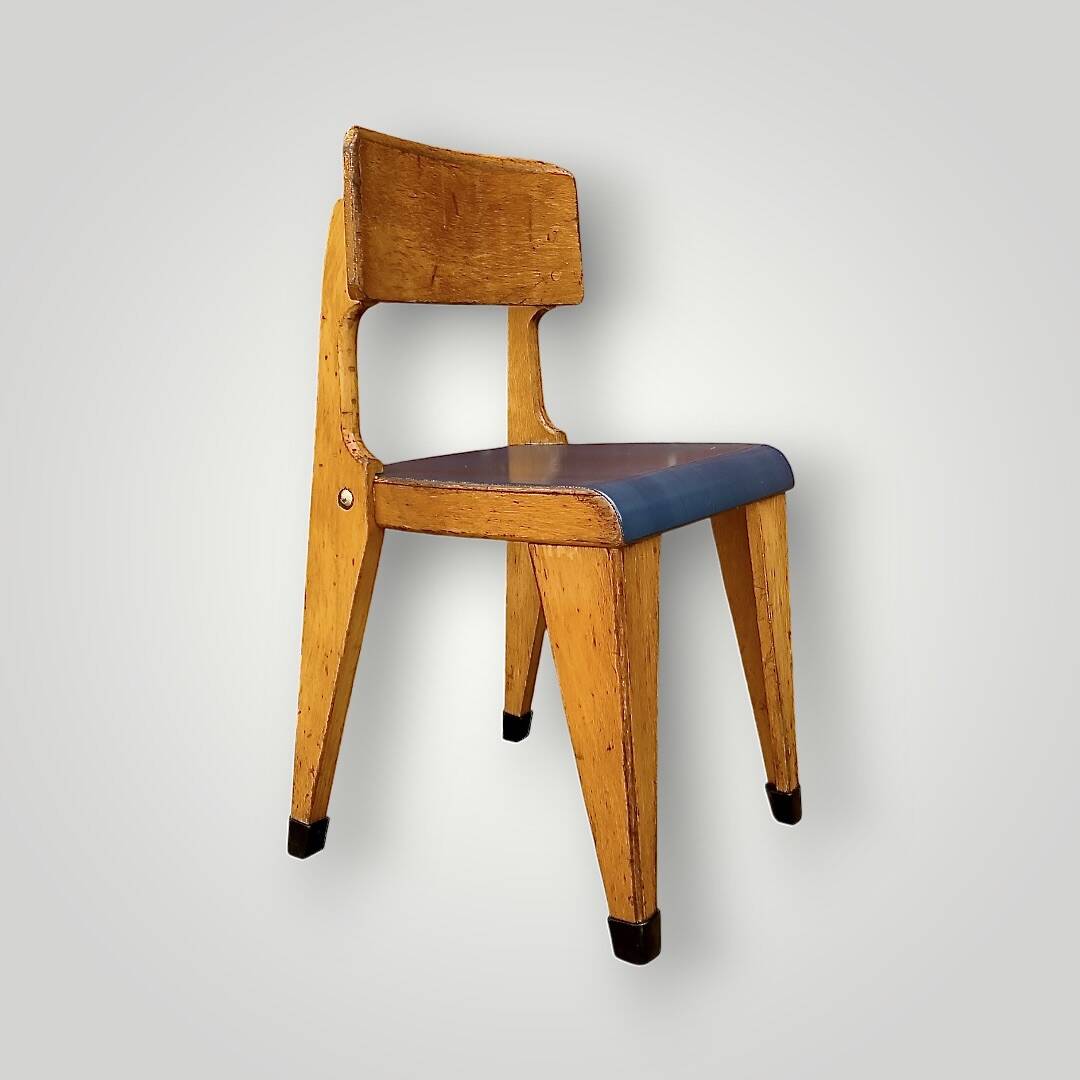 Antique Zabo children's chair (attributed) – varnished wood & blue seat