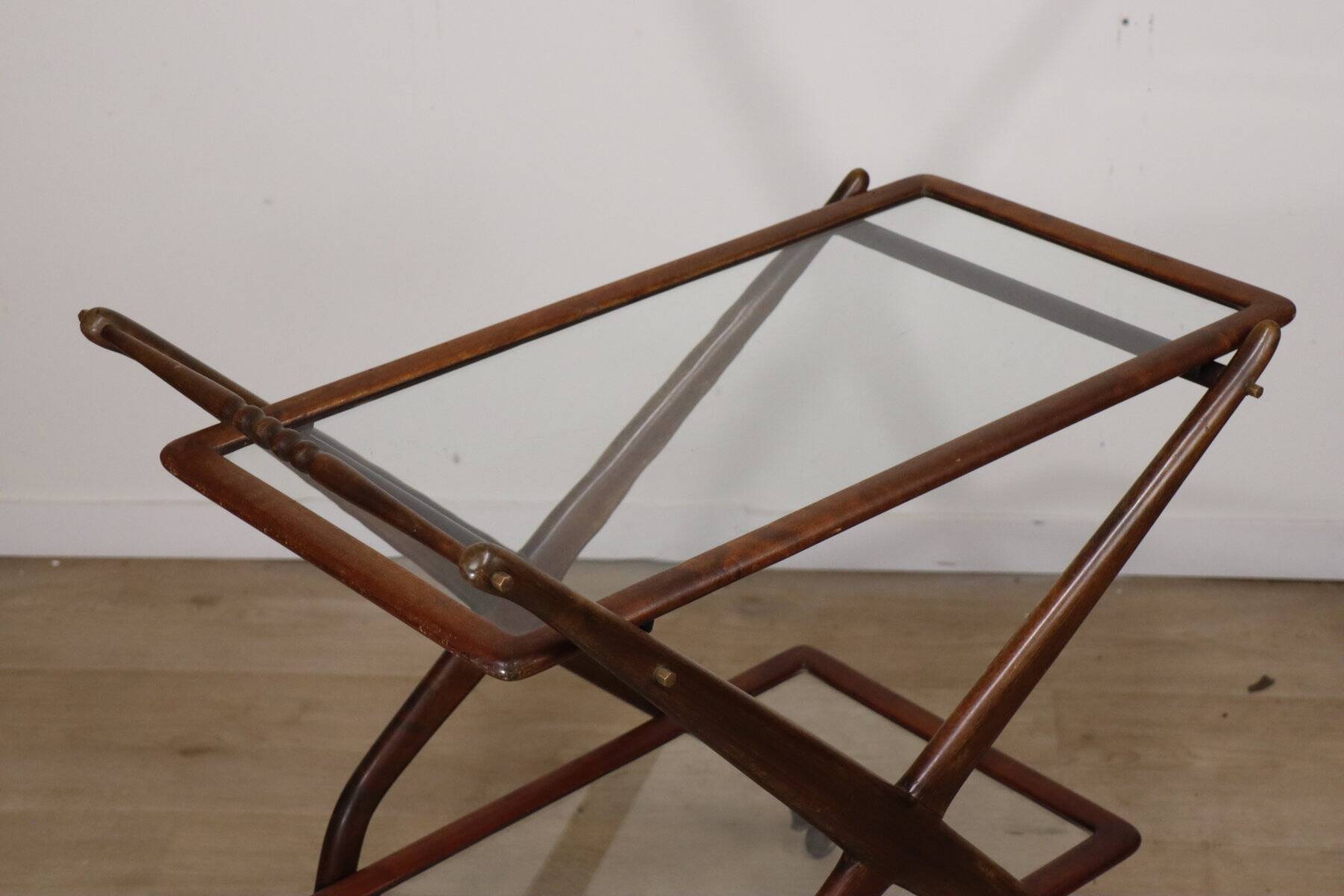 Vintage wooden and glass rolling trolley, 1960