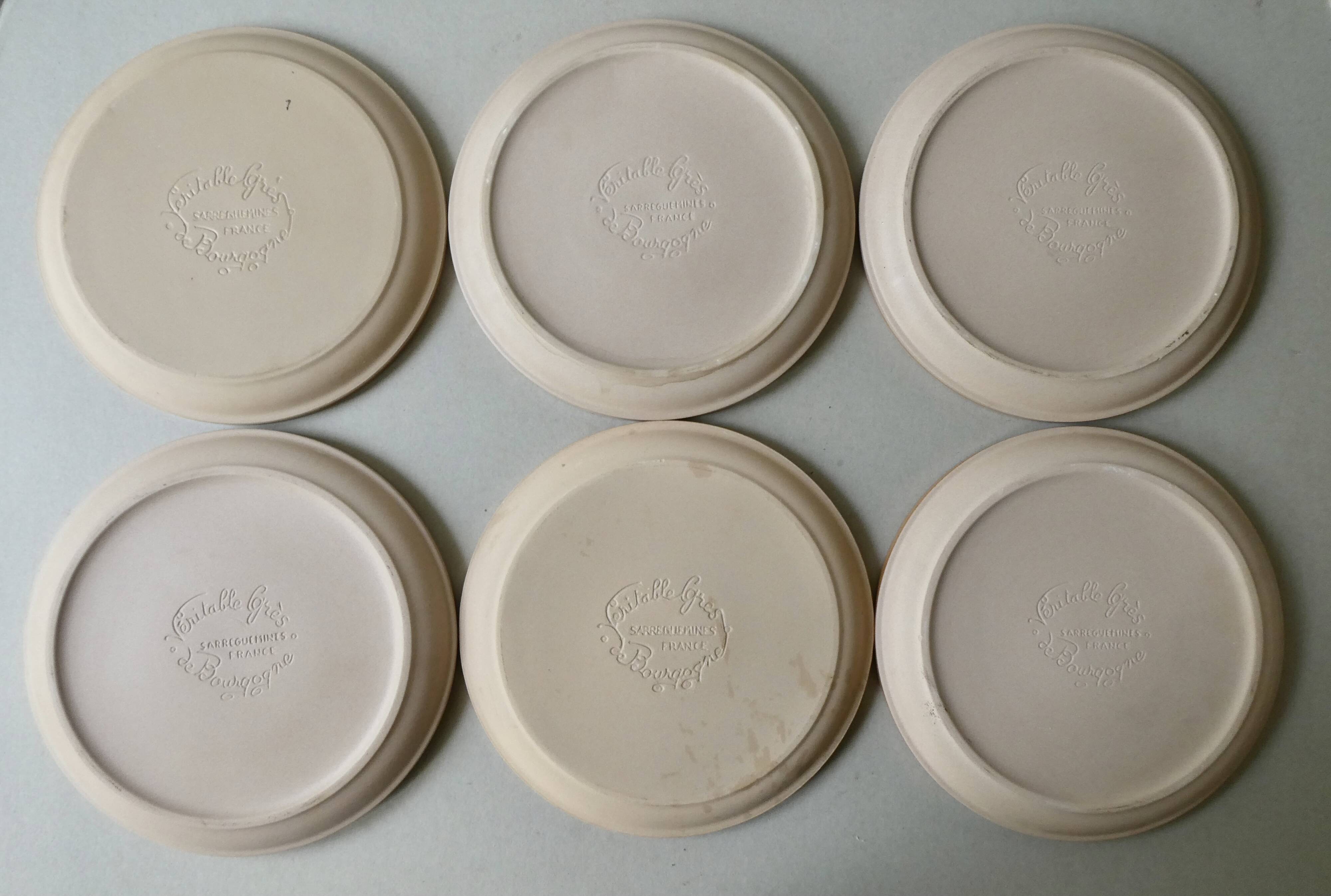 6 flat plates in Burgundy stoneware, Sarreguemines France