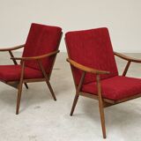 Pair of burgundy boomerang armchairs Antonin Suman Ton Bystrice (Thonet)