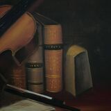Oil on canvas still life with violin 20th century by A. Warner