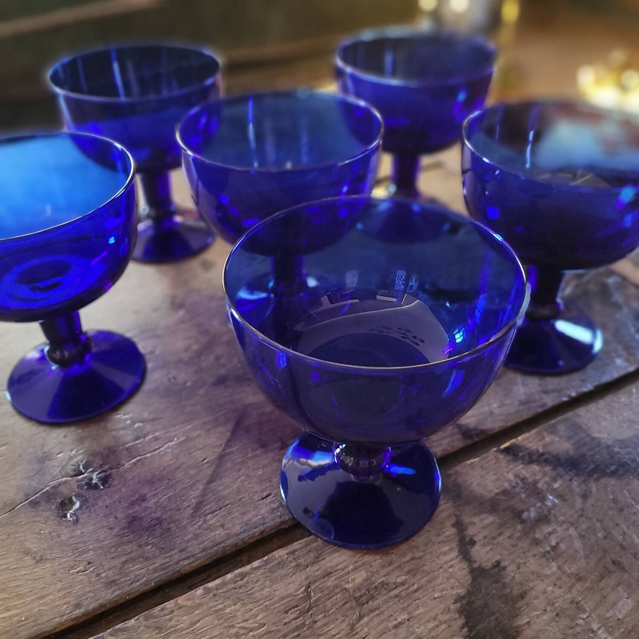 Vintage 70s-80s Stemmed Bowls in Cobalt Blue Glass