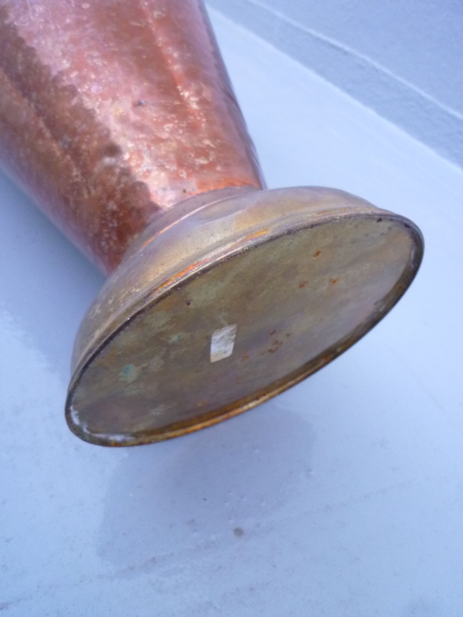 Hammered copper umbrella stand and brass