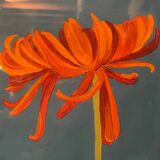 2 peintures de dahlias oranges dans cadres antiques en bois