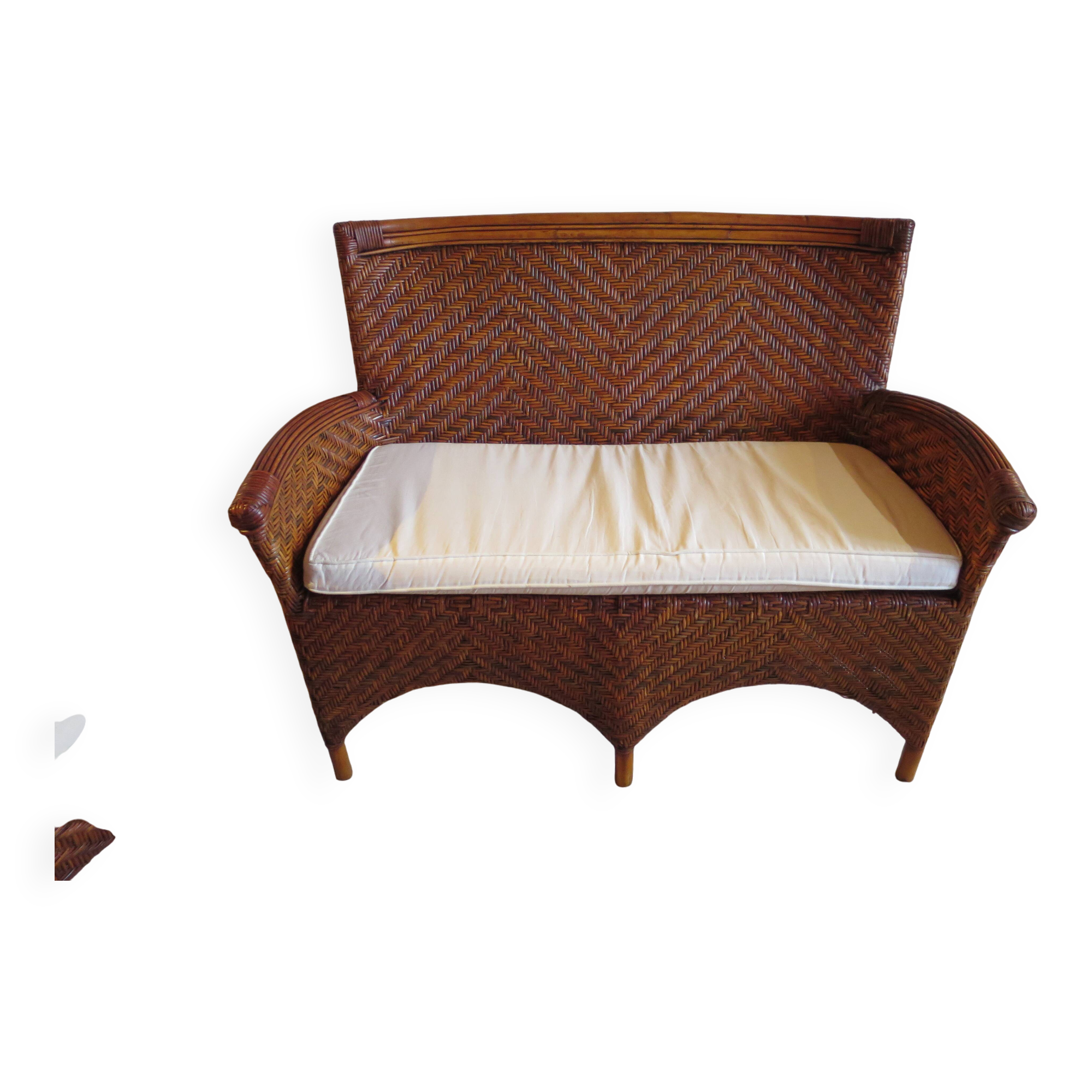 Two-seater banquette in woven rattan, wood and bamboo, 1980s.