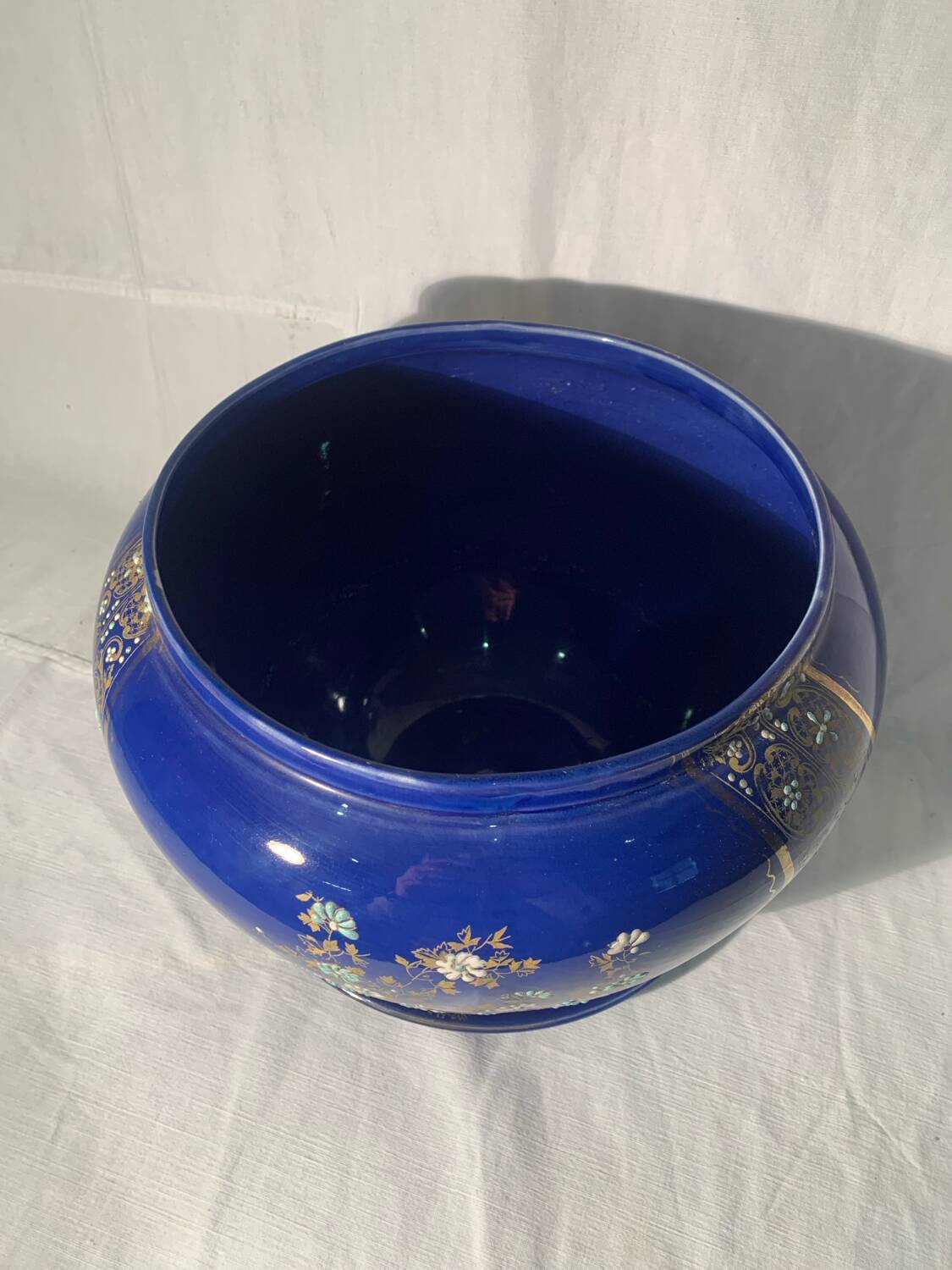 Antique blue flowerpot, ceramic, Art Nouveau earthenware circa 1900