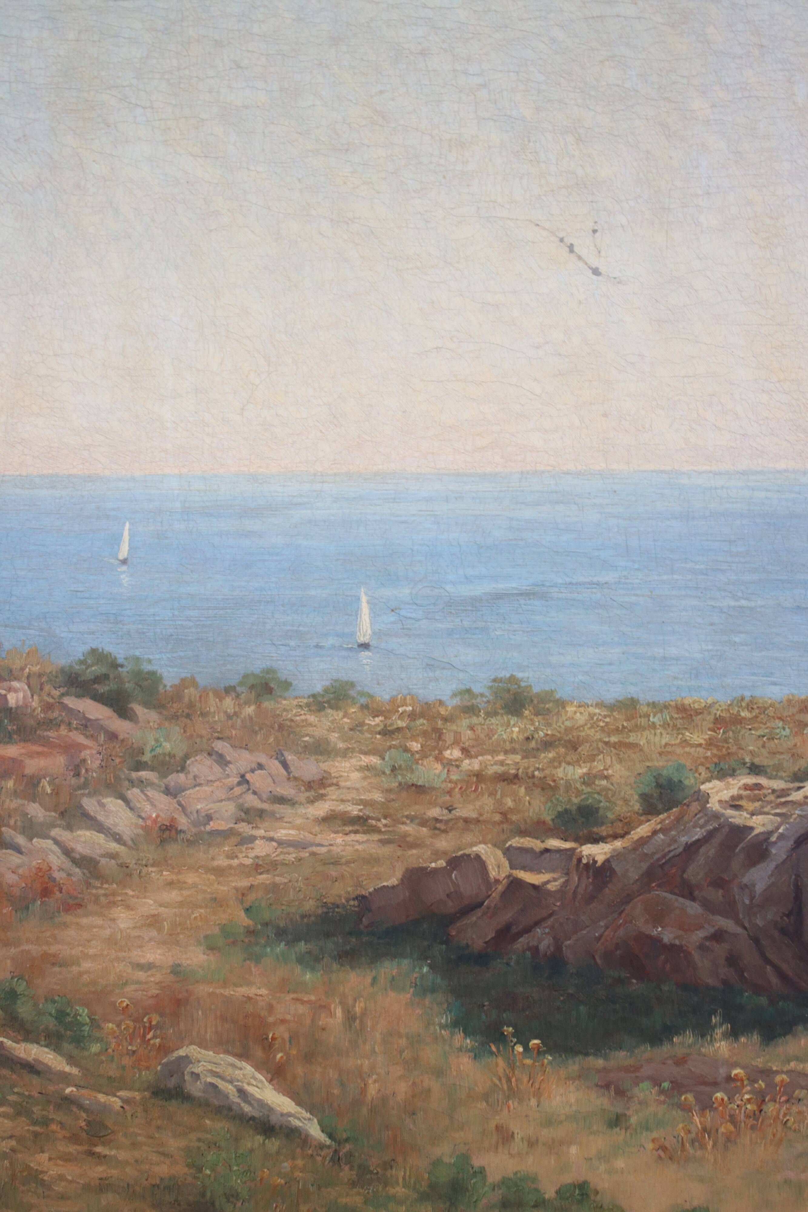 Painting Oil on Canvas Framed, signed Victor Barjon (1845-1920), Cote Rocheuse Bretagne
