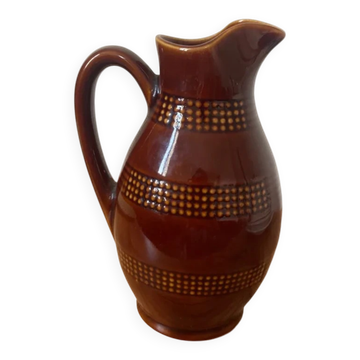 Pichet vase vintage en grès du Berry émaillé brun – décor géométrique