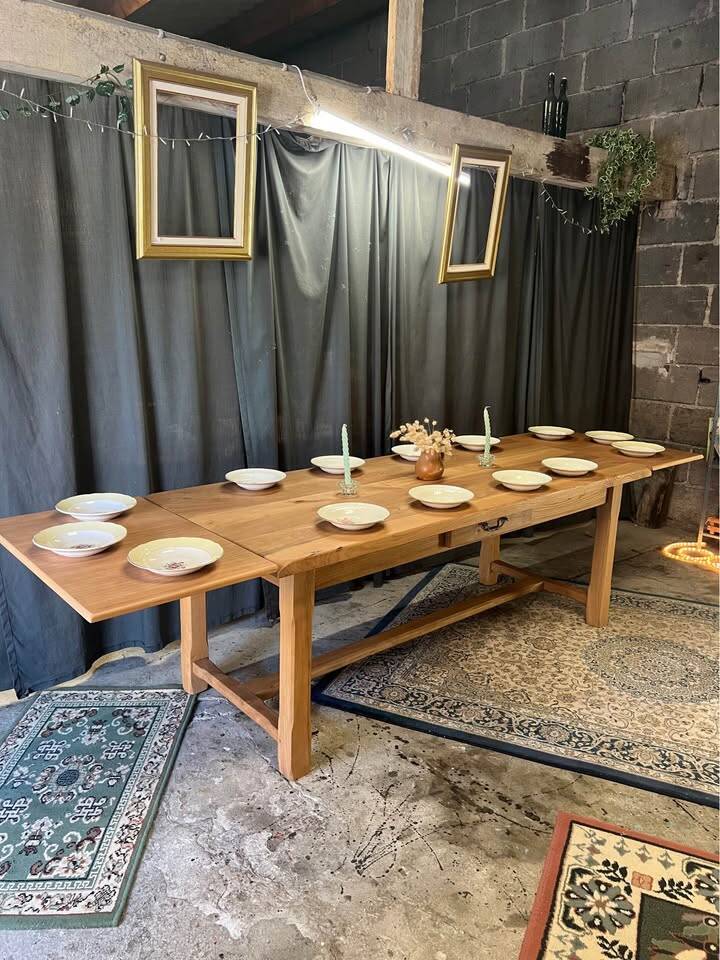 Restored antique farmhouse table in solid elm