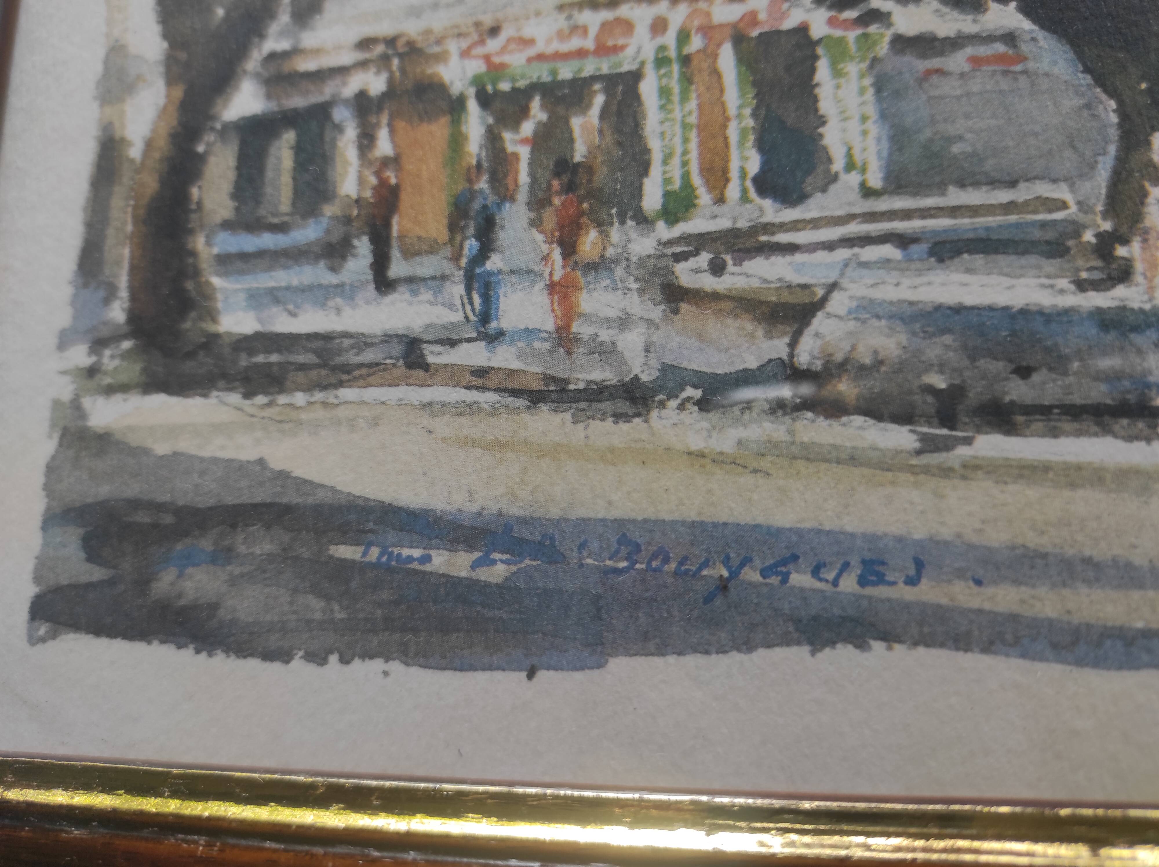 Framed watercolor "Salon de Provence-la Fontaine Moussue" by Louis Lasbouygues