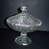 Large oval bonbonnière/dragee dish in molded crystal with diamond and pearl decoration, circa 1900