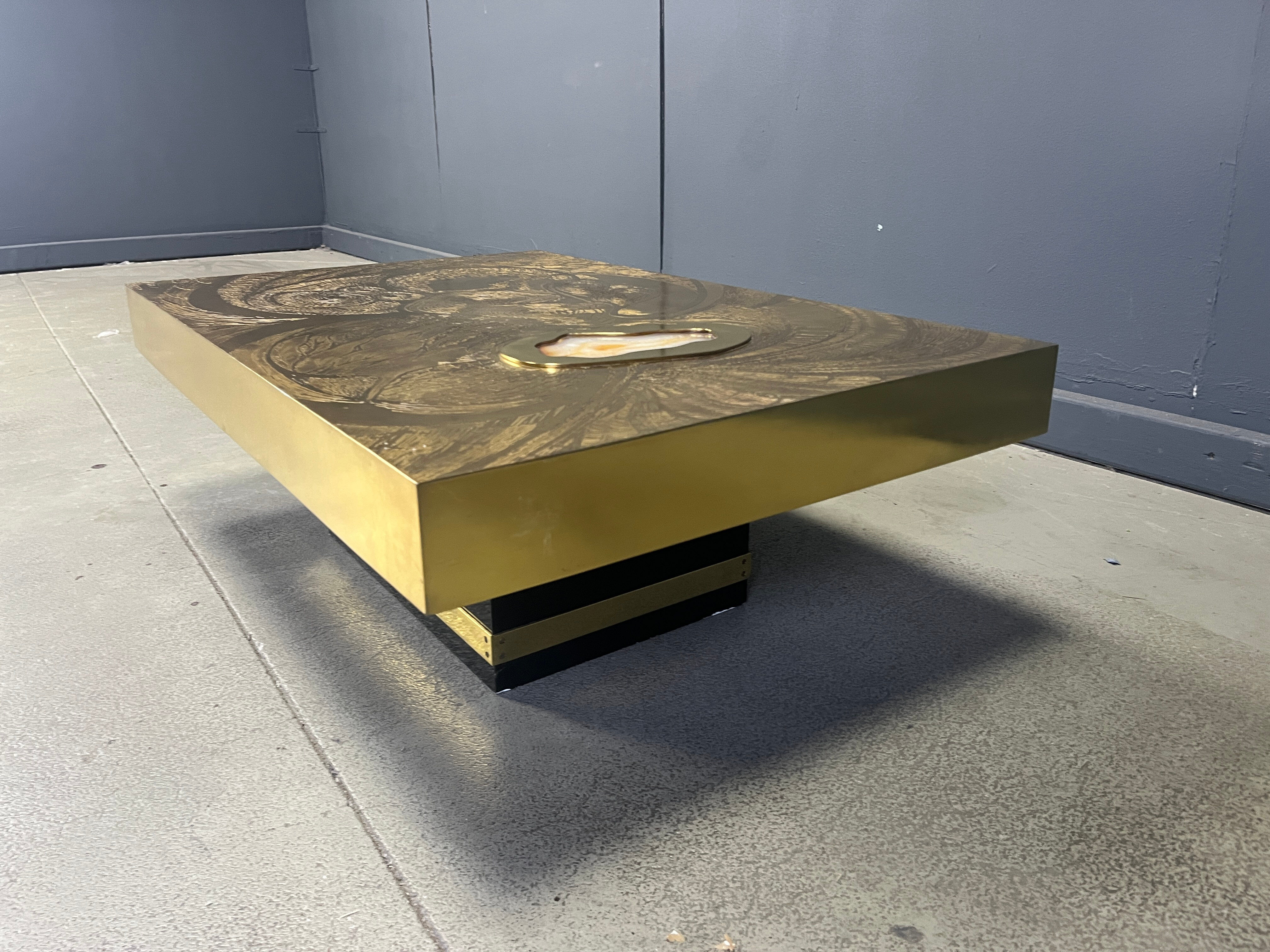 Etched brass and inlaid agate coffee table by Felix De Boussy, Belgium