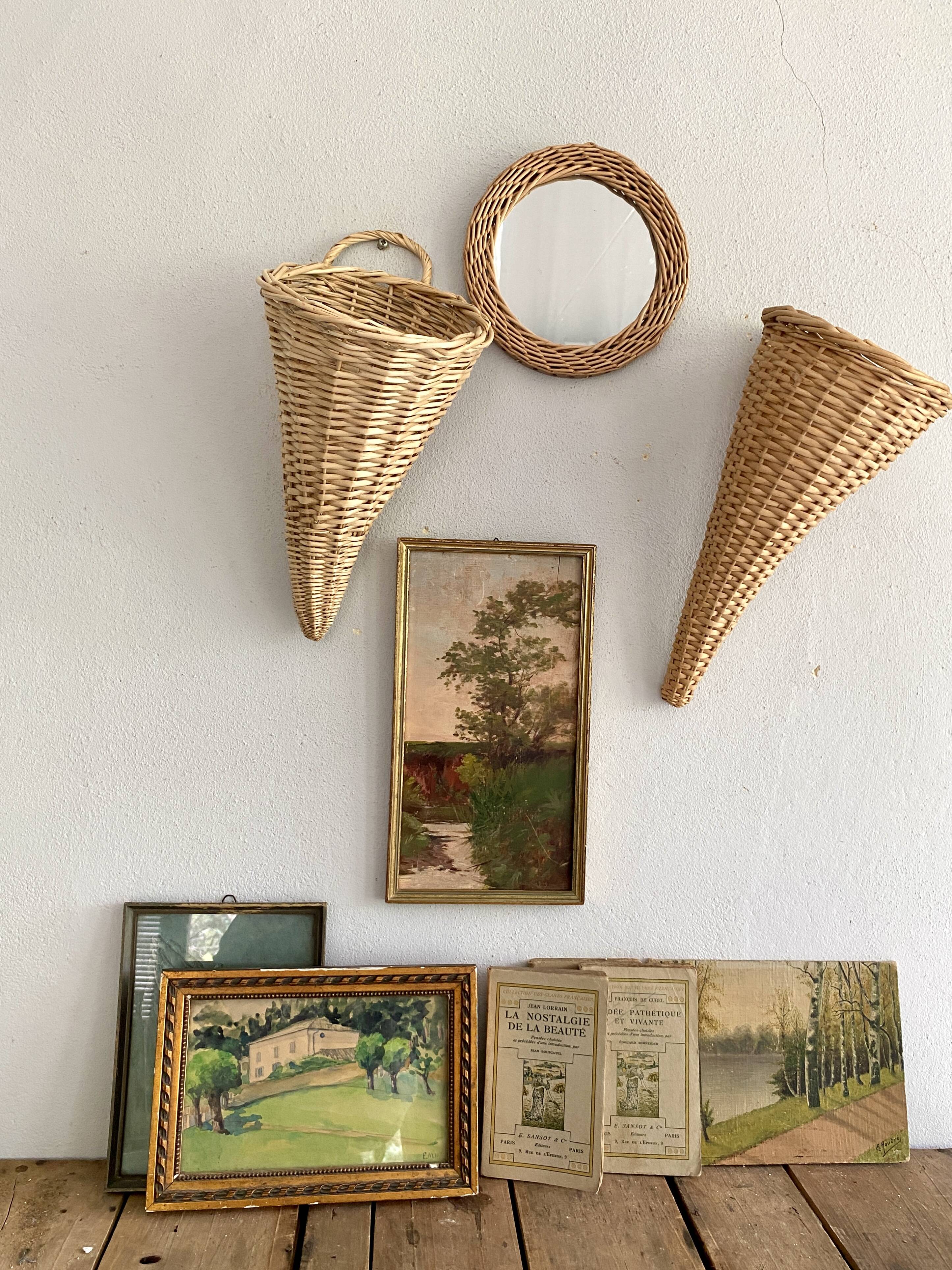 Hanging basket, woven wicker cornucopia