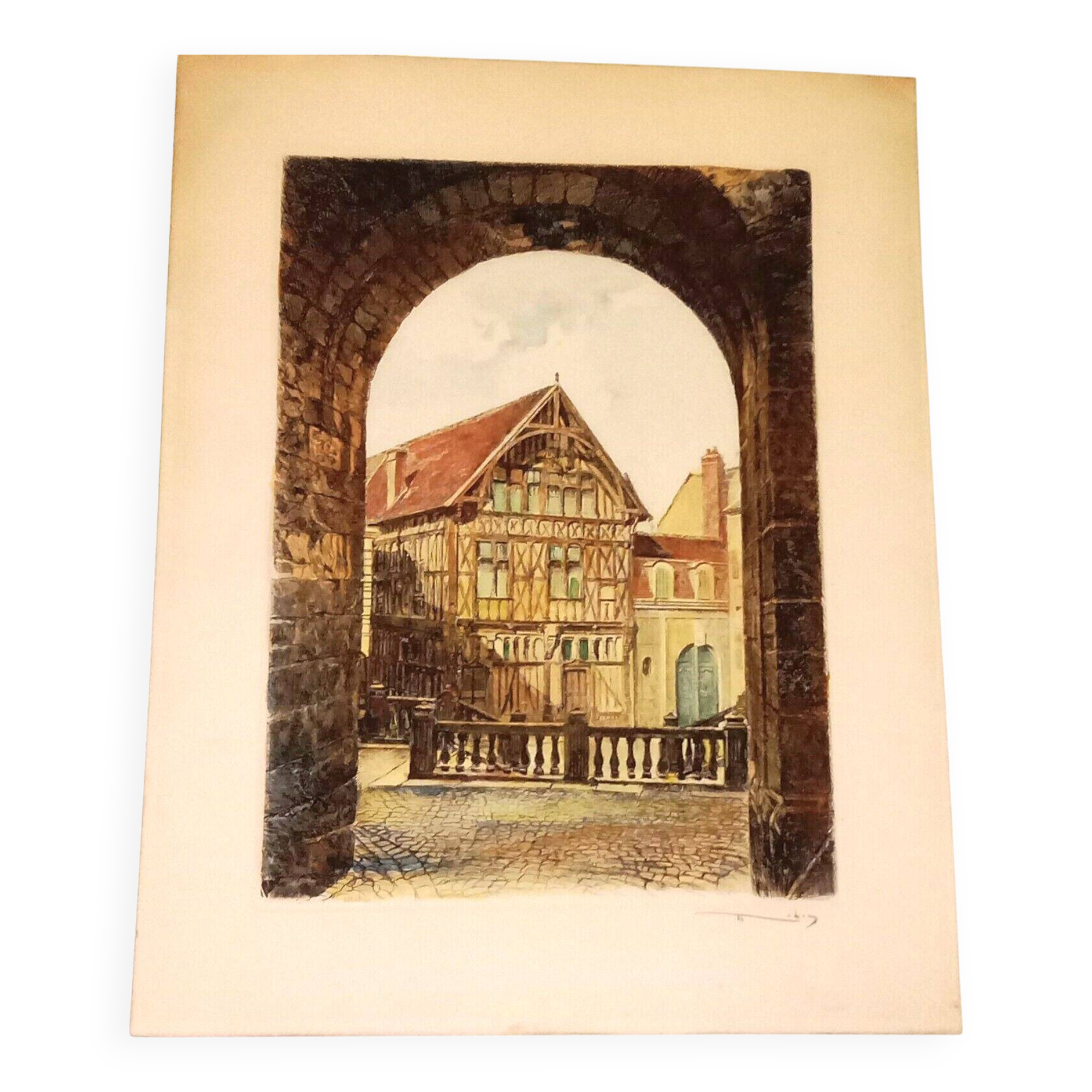 Joigny Old House Porte Saint Jean Colored etching signed Léopold Robin