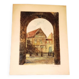 Joigny Old House Porte Saint Jean Colored etching signed Léopold Robin