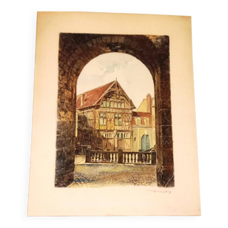 Joigny Old House Porte Saint Jean Colored etching signed Léopold Robin