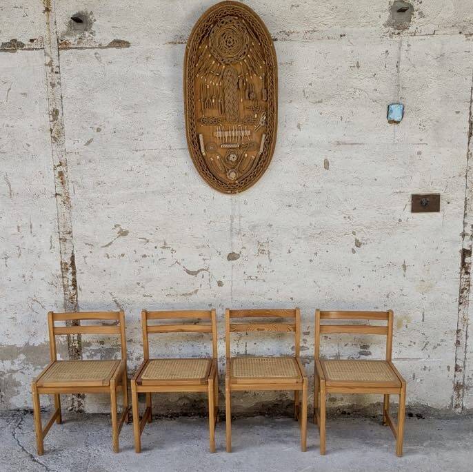Set of 4 vintage pine chairs with cane seats