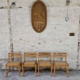 Set of 4 vintage pine chairs with cane seats
