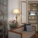 Three-seater bench in patinated wood & natural linen — timeless elegance