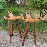 2 tabourets espagnols tripode brutaliste chêne massif, 1960