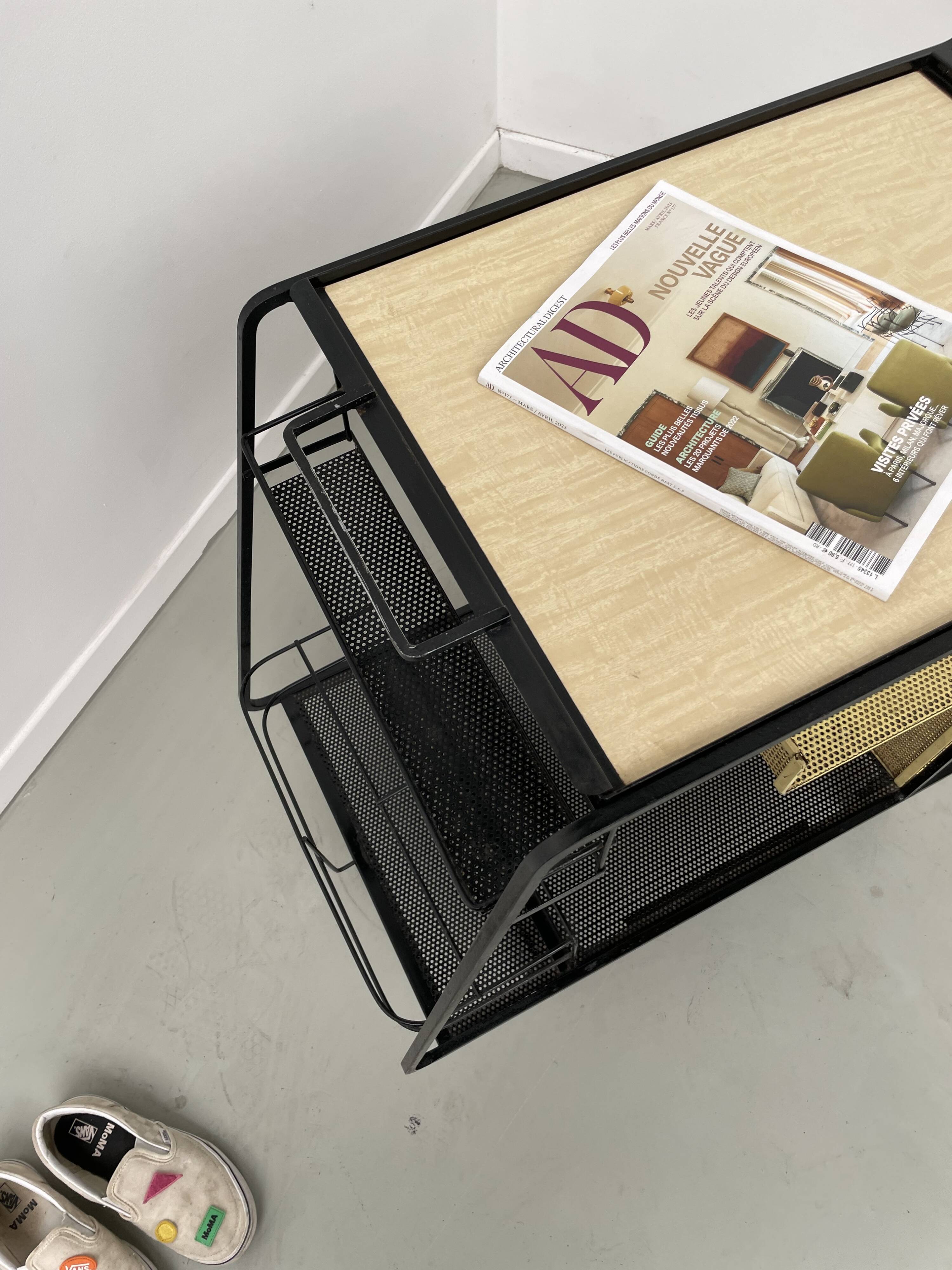 Perforated metal serving trolley in the Mathieu Matégot style