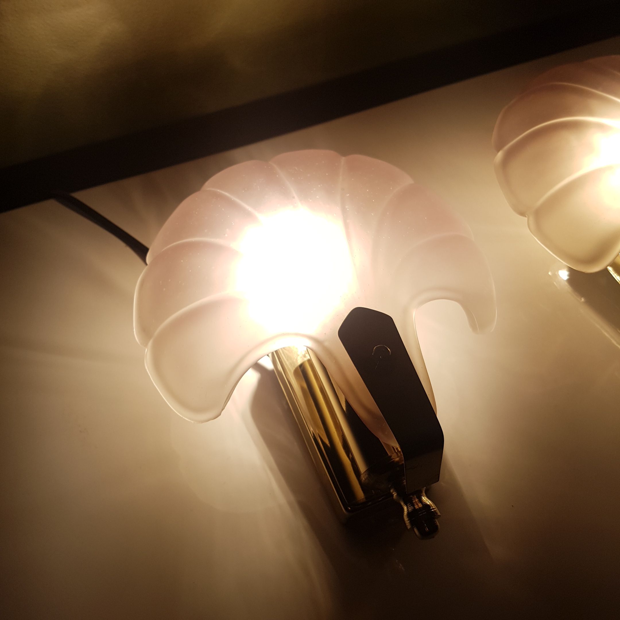 Pair of sconces shell pressed glass sand and golden steel 1970