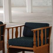 Art Nouveau, pair of oak lounge chairs, reupholstered in style fabric, 1920s.
