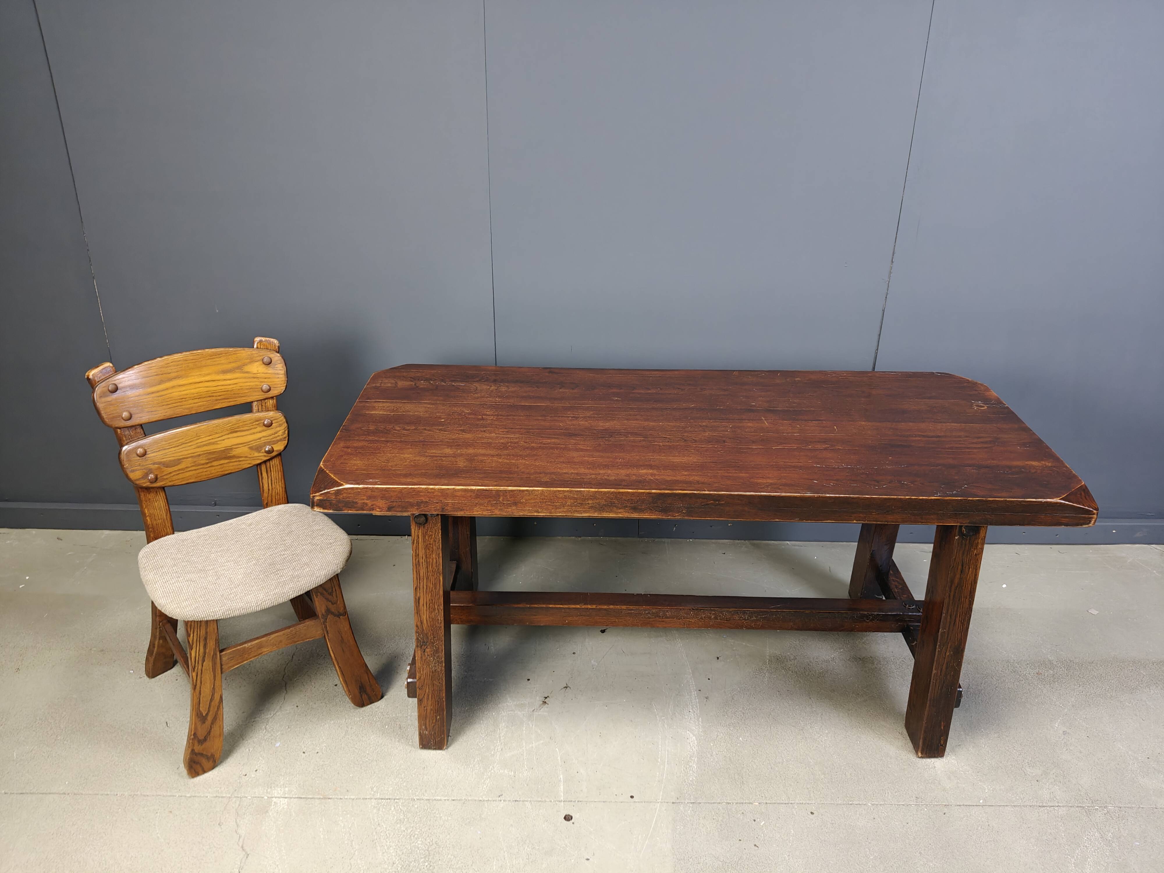 Solid wood brutalist dining table, 1960s