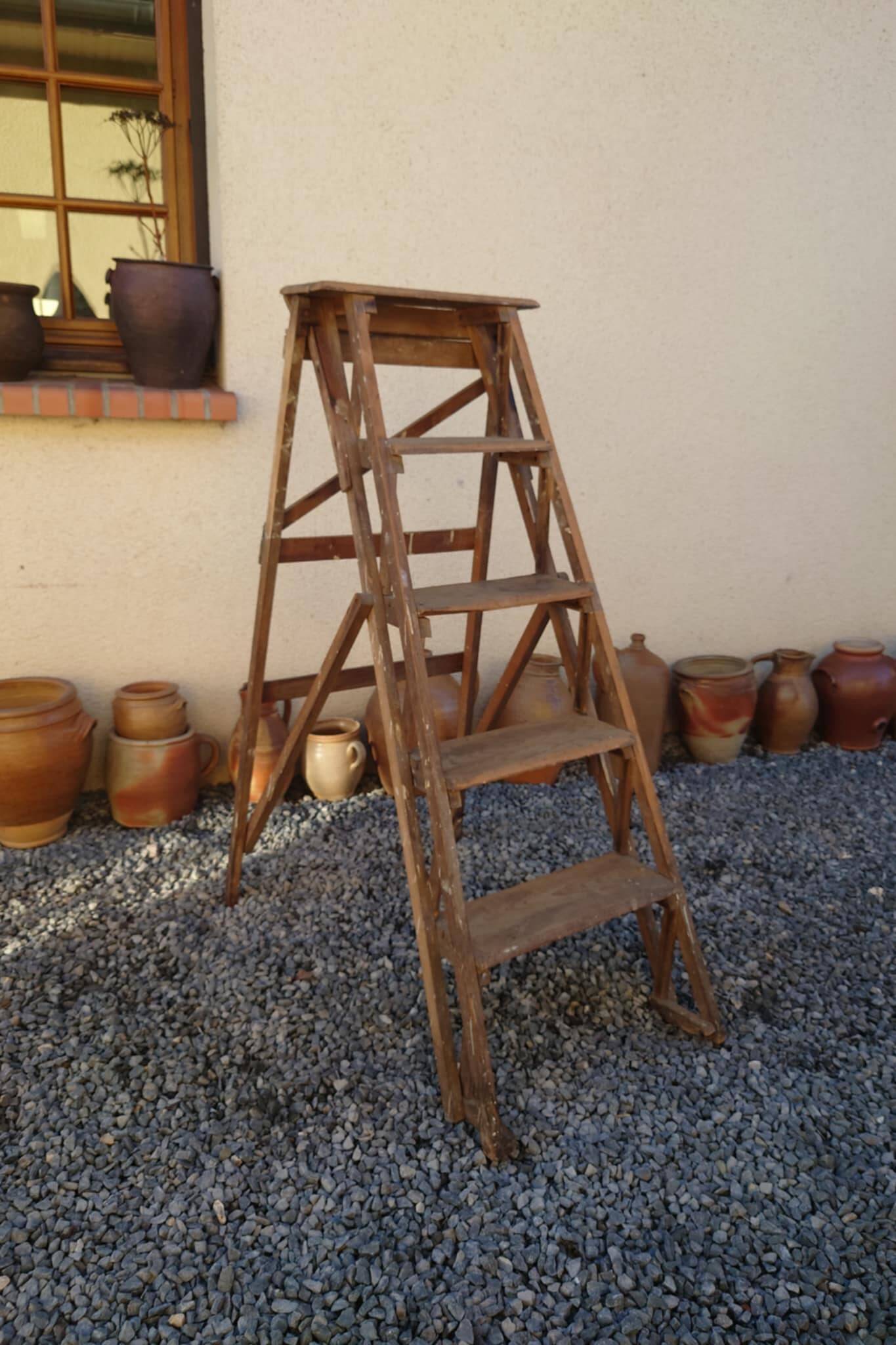 Antique wooden carpenter's stepladder, traces of paint, treated, 110 cm