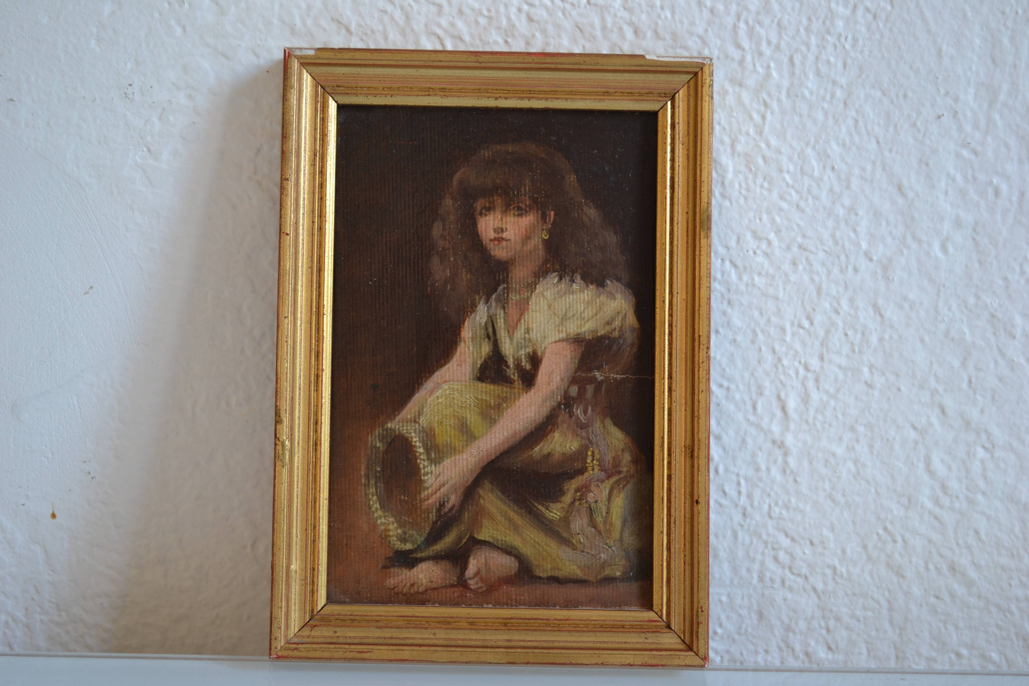 Young girl with tambourine Provence old painting HSP