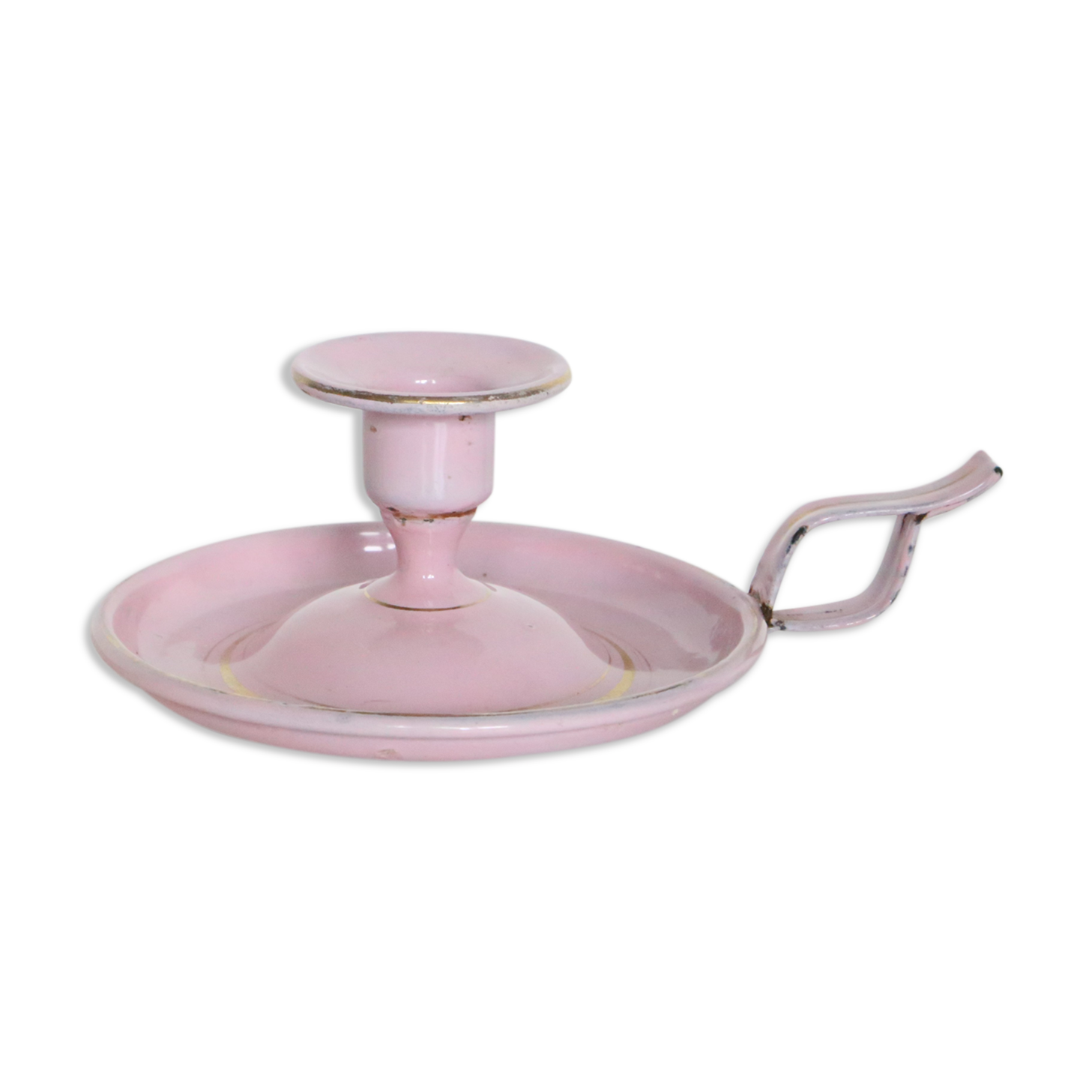 Pink cellar rat candleholder, enamelled metal, vintage