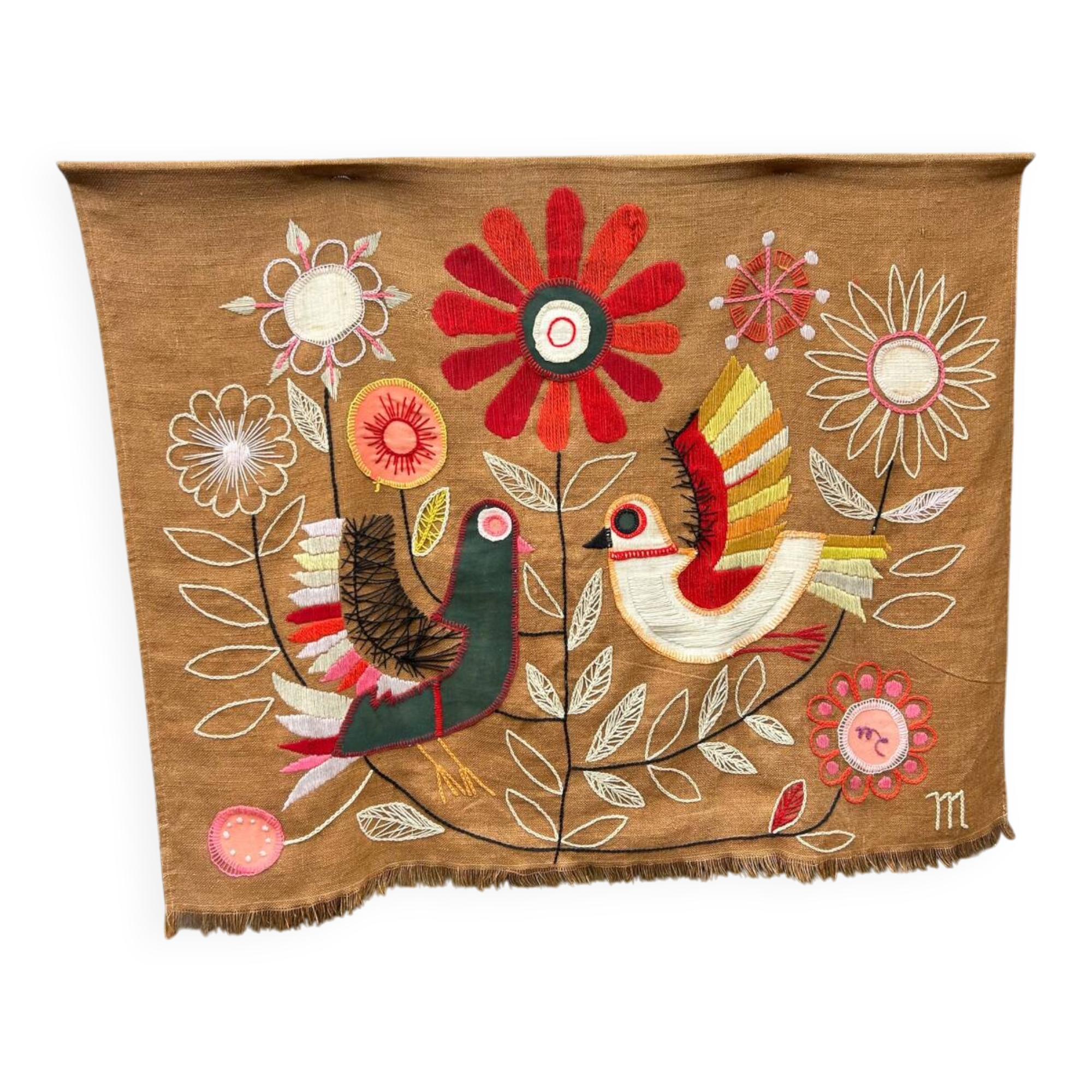 Tenture brodée oiseaux/ fleurs années 60/70