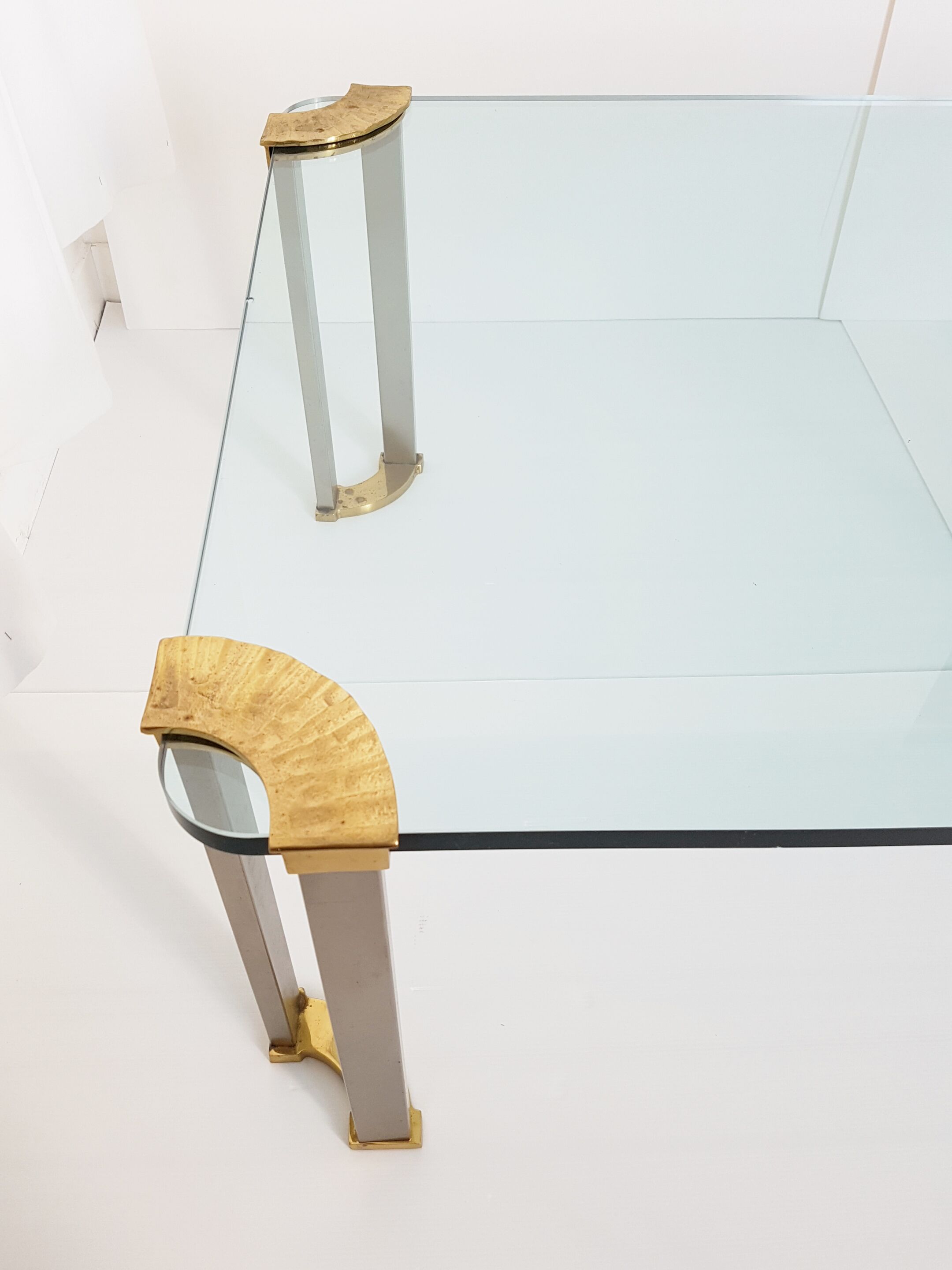 Coffee table glass, solid gold brass and brushed steel vintage seventies 70